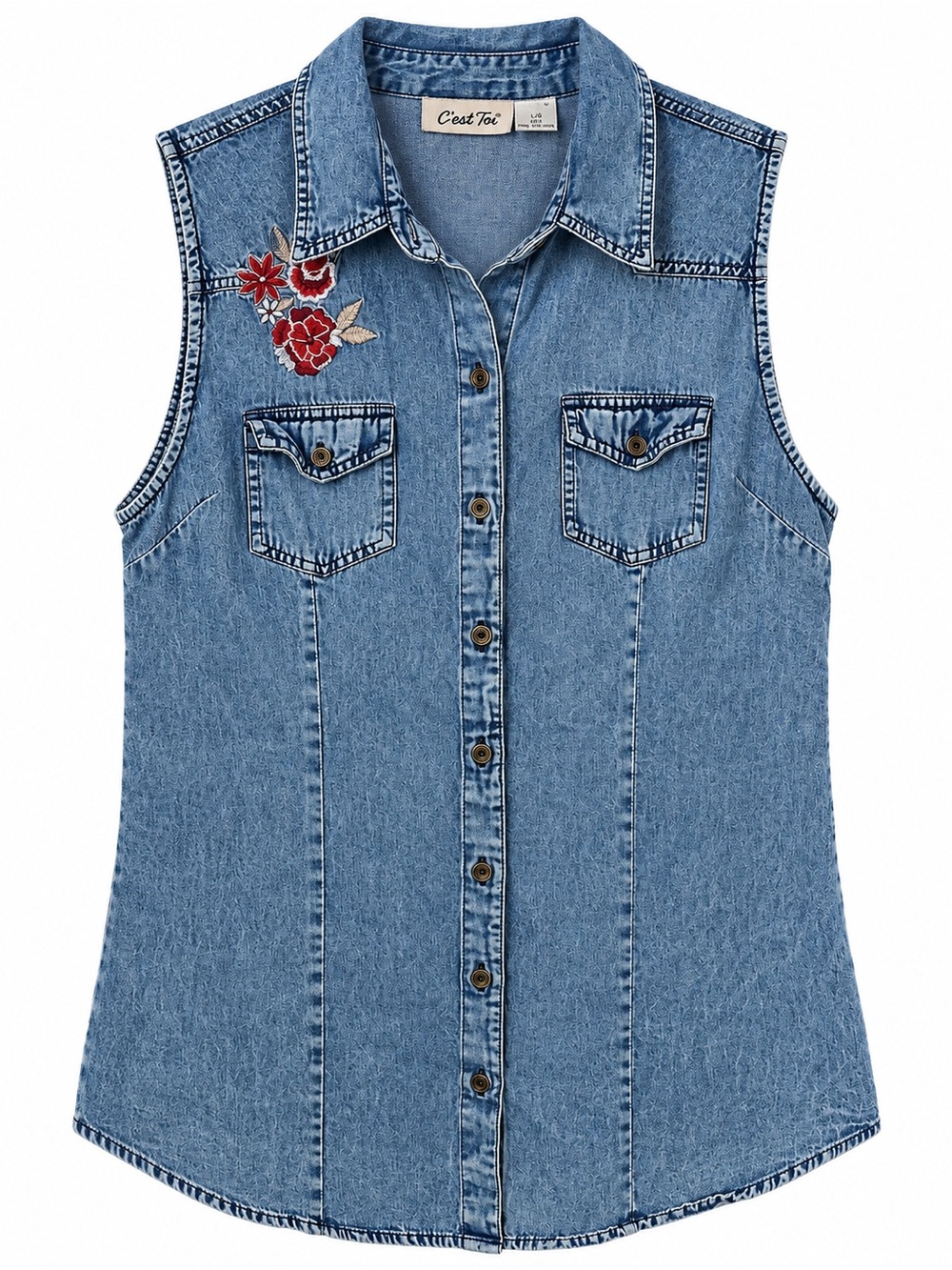 Kola P. Denim Floral Embroidered Western Boho Vest Top M